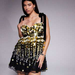 ASOS LUXE �X�p���R�[���ƃp�[��������������u���b�N���S�[���h�̃x�r�[�h�[���~�j�h���X �����s�[�X ���f�B�[�X ���� �C���|�[�g�u�����h �������T�C�Y����傫���T�C�Y�܂�