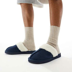 エイソス ASOS asos ASOS DESIGNのネイビースエード、フェイクシアリングライニングのミュールスリッパ 靴 メンズ 男性 インポートブランド 小さいサイズから大きいサイズまで