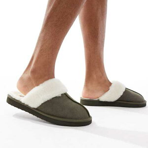エイソス ASOS asos ASOS DESIGNのカーキスエード、フェイクシアリングのライニング付きミュールスリッパ 靴 メンズ 男性 インポートブランド 小さいサイズから大きいサイズまで
