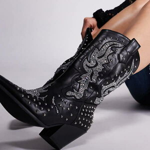 アザリア・ワン アンクス スタッズ ウエスタンブーツ(ブラック) 靴 レディース 女性 インポートブランド 小さいサイズから大きいサイズまで