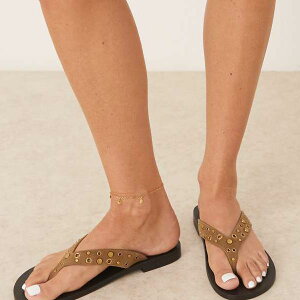 マンゴ MANGO Mango マンゴーレザーのゴールドスタッズサンダル(ブラウン) 靴 レディース 女性 インポートブランド 小さいサイズから大きいサイズまで