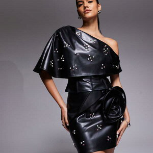 ASOS LUXE PU�~�j�X�J�[�g�i�����ƃR�T�[�W���t���A�u���b�N�j �X�J�[�g ���f�B�[�X ���� �C���|�[�g�u�����h �������T�C�Y����傫���T�C�Y�܂�