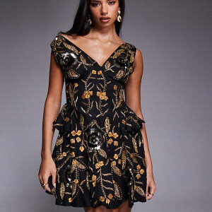 ASOS LUXE �ԕ������t���X�P�[�^�[�h���X�i�R���Z�b�g���f�B�e�[���A�u���b�N�j �g�b�v�X ���f�B�[�X ���� �C���|�[�g�u�����h �������T�C�Y����傫���T�C�Y�܂�