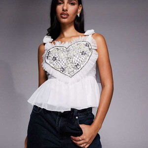 ASOS LUXE �n�[�g�����t���y�v�����g�b�v�X�A���Ƀ��{���f�B�e�[���A�z���C�g �g�b�v�X ���f�B�[�X ���� �C���|�[�g�u�����h �������T�C�Y����傫���T�C�Y�܂�