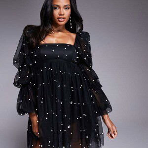 ASOS LUXE �`���[���f�ނ̃x�r�[�h�[���h���X�i�p�[�������t���A�u���b�N�j �����s�[�X ���f�B�[�X ���� �C���|�[�g�u�����h �������T�C�Y����傫���T�C�Y�܂�