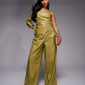 ASOS LUXE co-ord PU ���C�h���b�O �v���[�c �g���E�U�[�i�I���[�u�O���[���j �p���c �{�g�� ���f�B�[�X ���� �C���|�[�g�u�����h �������T�C�Y����傫���T�C�Y�܂�