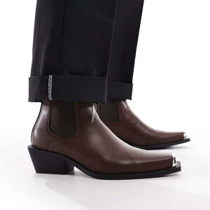 エイソス ASOS asos ASOS DESIGN キューバンヒール ウエスタンチェルシーブーツ(ブラウン、シルバートゥキャップ付き) 靴 メンズ 男性 インポートブランド 小さいサイズから大きいサイズまで