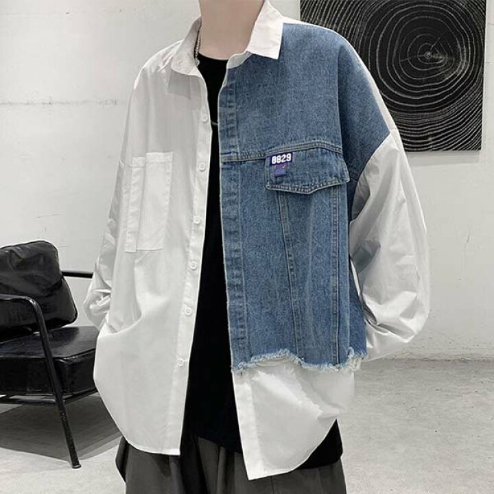 楽天市場 デニム カラーブロック シャツ 大人 カジュアル 長袖 シャツ お兄さん 清楚 スタイリッシュ スタイル ストリート 原宿系 メンズ インポート 大きいサイズ 韓国ファッション 男 代 30代 お洒落 セレクトショップ Diva