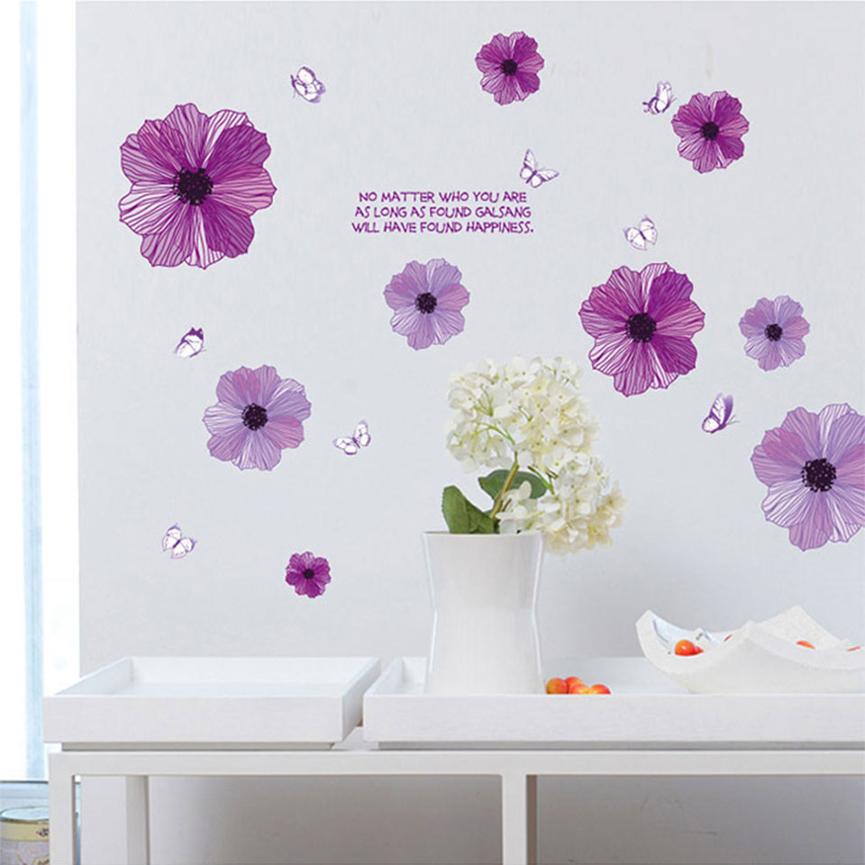 ウォールステッカー 柔らかいパープルピンクのシンプルな花で華やかさup 貼ってはがせる 壁紙シール 花 フラワー 蝶 パープル 大輪の花 ダイニング 華やか 紫の花と蝶 素敵 大人かわいい キッチン リビング ステッカー キレイ 割引
