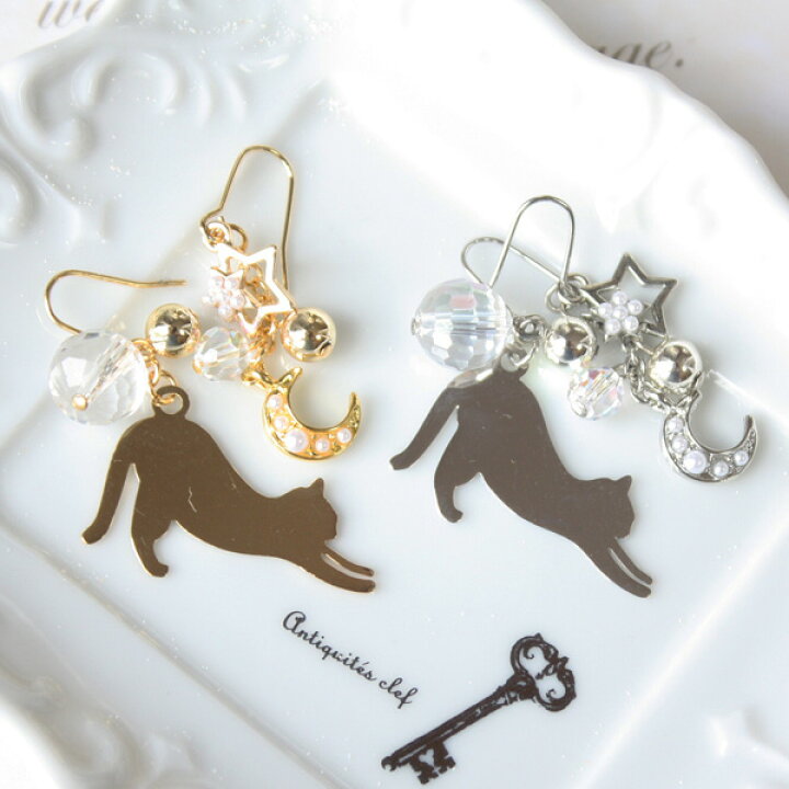 楽天市場】【リニューアル】猫と星と月のアシンメトリーピアス 