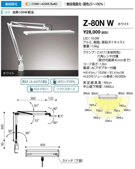 楽天市場】山田照明LEDデスクライト Z-80NW ホワイト 色温度(K)：2700K  