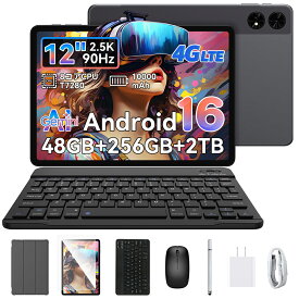 【クーポンで24,900円！】 Android16 タブレット 12インチ 10000mAh simフリー タブレットPC Wi-Fiモデル Netflix Widevine L1対応 急速充電 48GB+256GB+2TB拡張 2.5K IPS 大画面 2400×1600解像度 8コアCPU 画面分割 4G LTE 16MP/8MPカメラ 端末 子供 高性能 アンドロイド16