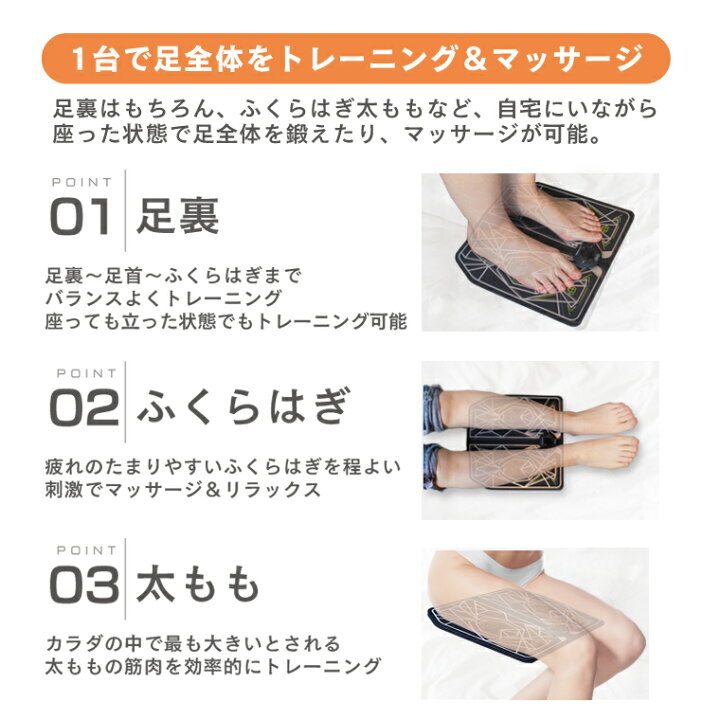 楽天市場 足裏ems フットマット 足 ふくらはぎ 太もも用 プレスリム Ems フットスリム トレーニング 運動不足 フットマッサージャー 下半身 マッサージ機 簡単 座ったまま 高齢者 健康器具 女性 男性 ダイエット 美脚 むくみ 痩せ ジェル パッド シート 不要 充電式 出張