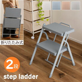 AZUMAYA(東谷) 踏み台 2段 折りたたみ 省スペース収納 持ち手付き 多用途 軽量 3.5kg スチール製 耐荷重100kg オフホワイト/ブルー/ブラウン/グレー 全4色 「FOLDE」｜PC-222OWH｜PC-222PBL｜PC-222PBR｜PC-222PGY