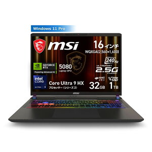 MSI Vector 16 HX AI Vim[gp\R /Windows11 Pro /Core Ultra 9 2 / 32GB /M.2 1TB /NVIDIA GeForce RTX 5080 Laptop GPU 16GB /16C` 2560 x 1600 (WQXGA) /240Hz()