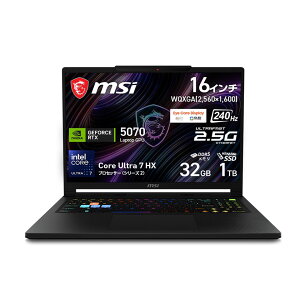 �y�����񂹁zMSI Raider 16 HX B2W (2669JP) �m�[�g�p�\�R�� /Windows 11 Home /Core Ultra 7 251HX /������ 32GB /M.2 1TB /NVIDIA GeForce RTX 5070 Laptop GPU 12GB GDDR7 /16�C���` 2560 x 1600 (WQXGA) /240Hz