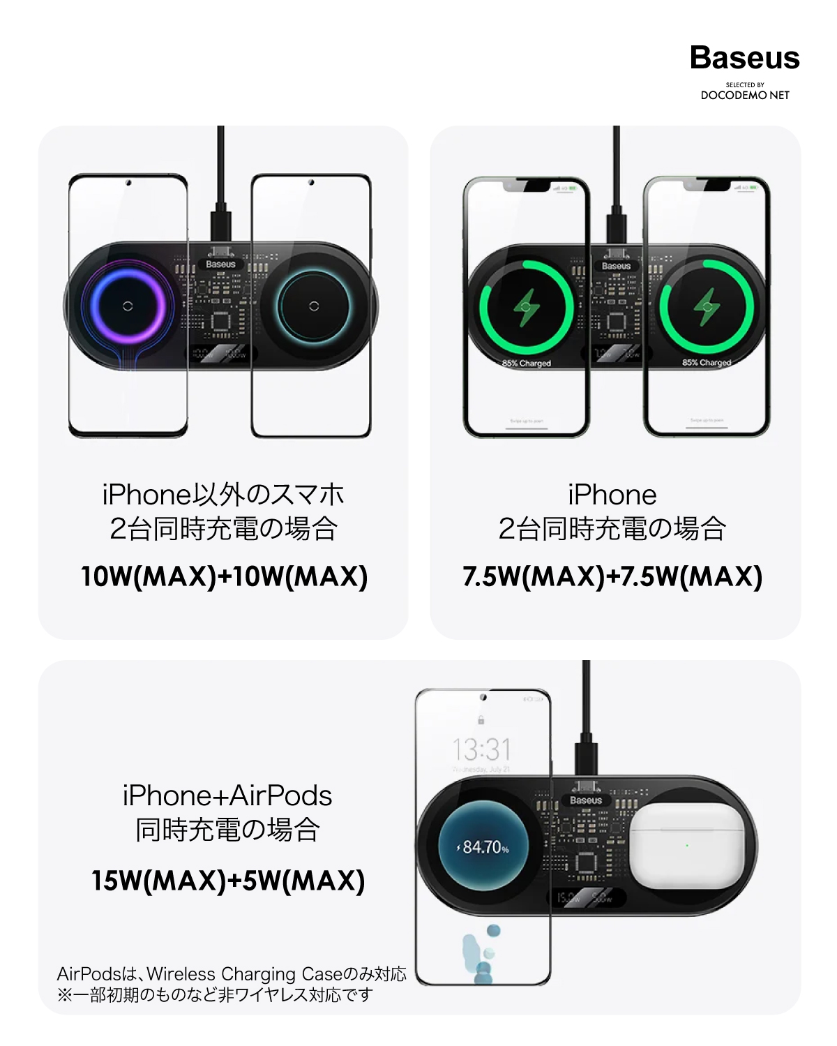 iPhone 14 ワイヤレス充電器 Baseus iPhone 2台同時急速充電 Wワット数表記 最大20W  2in1【本体透明仕様】スケルトン 置くだけ充電 スリム 7mm薄型 Qi充電器 無線充電器 iPhone Android iPhone 14 13  12 pro max plus Pixel Galaxy Airpods pro どこでもネット