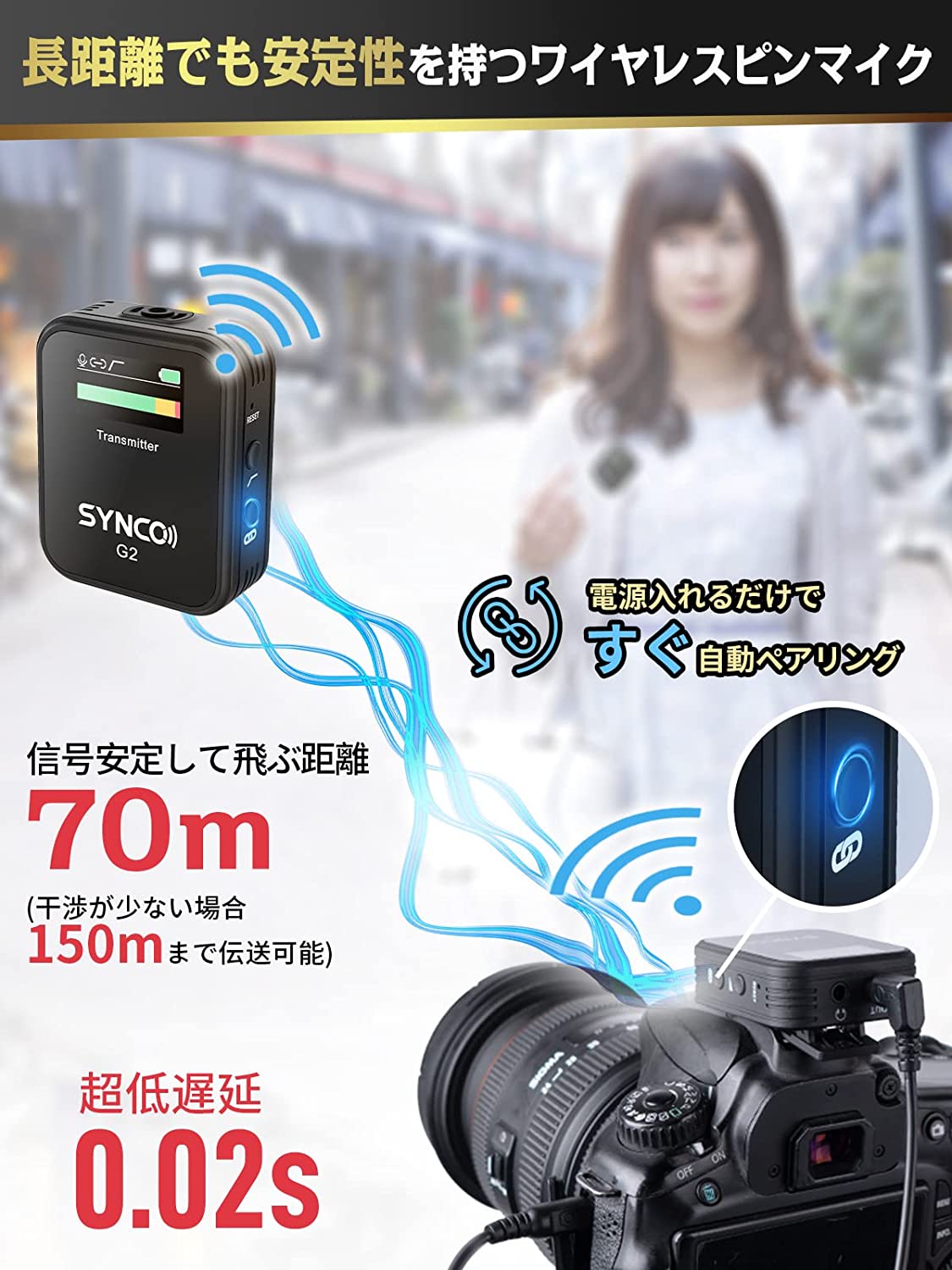【技適マーク付き SYNCO G2 A1 ワイヤレスピンマイクシステム スマホ外付け マイク カメラマイク 軽量小型 自動ペアリング  操作簡単 カメラ スマホ 2.4GHz 並行輸入品 どこでもネット