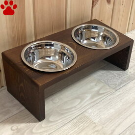 【31】 ペット用　食器＆食器スタンド セット　ダブル　Mサイズ　ブラウン小型犬　猫　フードボウル　ボウル　食器台　フード入れ　水入れ　水飲み　皿　ステンレス製　木製　ペット食卓ラック　シンプル　おしゃれ　かわいい　無地　茶色　2個タイプ