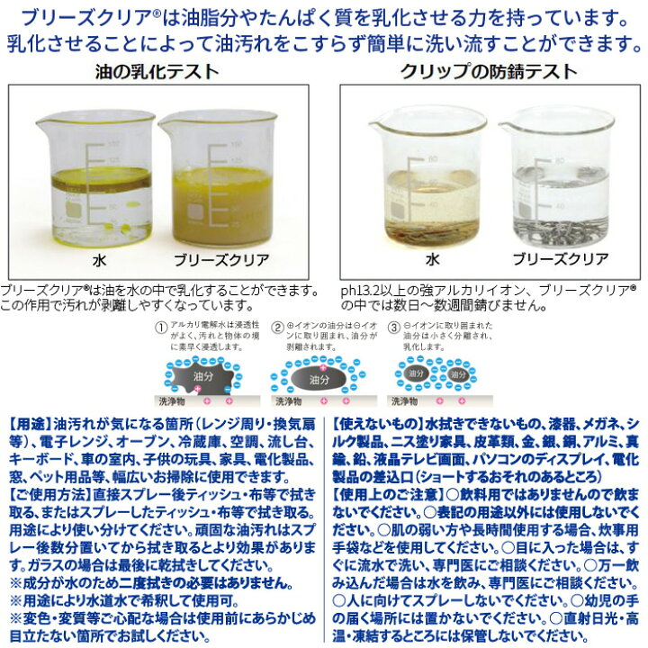 楽天市場 アルカリ電解水 ブリーズクリア 最高濃度ph13 2以上 本体 スプレー 500ml 配送会社指定不可 アルカリ電解水ピカピカキレイに油汚れを簡単お掃除 強アルカリ電解水の力で除菌消臭 最高濃度ph13 2以上 業務用マルチクリーナー エアコン 高濃度 Ph13 1 万能