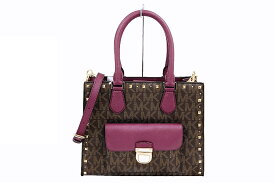 Michael Kors（マイケルコース）Bridgette スタッズ 2WAYトートバッグ　シグネチャーコーテッドキャンバス/レザー　ブラウン/パープル　ストラップ付き【中古】【人気】【お買い得良品】5495.
