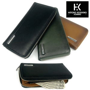 財布 コシノヒロコ 財布 本革 ラウンドファスナー 長財布 小銭入れ有り HH-AA010 ブラック色 キャメル色 カーキ色