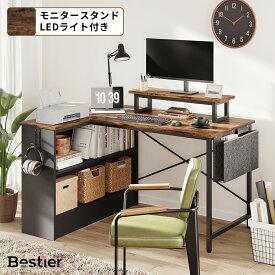 ＼翌日発送！／Bestier デスク パソコンデスク 幅107cm 収納袋付き l字デスク 左右入替可 モニター台付き 机 ユニットデスク 在宅勤務 デスク 勉強机 学習机 コンパクト 机 pcデスク コーナーデスク ワークデスクおしゃれ ビンテージ デスク