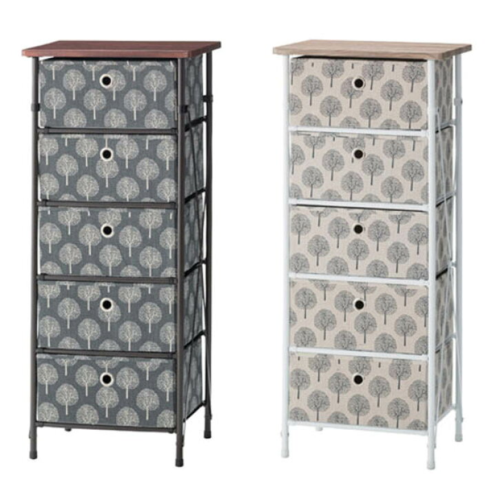 楽天市場 送料無料 5段 チェスト Be Gy ファブリック地に描かれた北欧風の木のイラストがかわいい簡易引出し収納 ベージュとグレー こども部屋 や脱衣所のランドリーチェスト リビング収納にも ナチュラル 北欧インテリア どんどんどんの家具