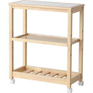 3段 ワゴン ホワイト/ナチュラル キッチンワゴン タイル天板 キャスター付 サイドワゴン 収納ワゴン スリムワゴン 幅59cm 木製 タイル 隙間収納 北欧/ナチュラル/シンプル/モダン/フレンチ/カ