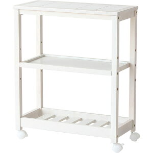 3段 ワゴン ホワイト/ナチュラル キッチンワゴン タイル天板 キャスター付 サイドワゴン 収納ワゴン スリムワゴン 幅59cm 木製 タイル 隙間収納 北欧/ナチュラル/シンプル/モダン/フレンチ/カ