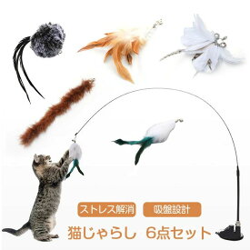 猫じゃらし 吸盤 固定 猫おもちゃ 釣り竿 6点セット 鈴付き 猫 猫用おもちゃ 羽根 ねこじゃら ネコ 猫用釣竿 交換用 羽根 ねこじゃら ネコ 一人遊び 知育玩具 しなやか ストレス解消 運動不足解消 遊び道具 ペット用品