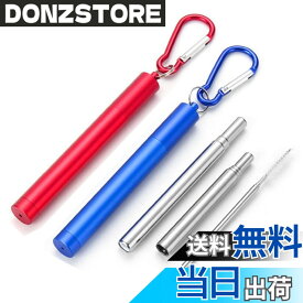 【送料無料】SITEDAN ステンレスストロー 2本 ストロー 折り畳み式 ロング ポケットストロー 携帯 キーホルダー ストローブラシ 伸縮式 アルミケース付き 色：青+赤