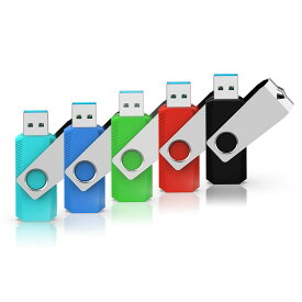 USBメモリ32GB USB3.0 超高速データ転送 フラッシュドライブ 5個セット 読取り最大120MB/s 回転式 カラフル（青緑赤黒水色） ストラップホール付き