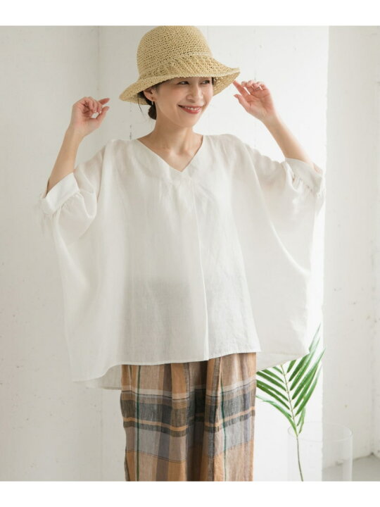 楽天市場】【SALE／30%OFF】リネンギャザースリーブVネックブラウス 