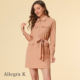 Allegra K シャツワンピース レディース ベルト付き ワンピース 長袖 無地 ポケットあり 女性 ワンピース ショート丈 春服 秋服 カジュアルウエア エレガント 通勤 お出かけ 定番