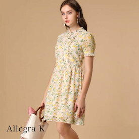 Allegra K シフォンワンピース 夏 レディース ワンピース 花柄 半袖 ショート丈 大人可愛い ワンピース 女性 通勤 お出かけ 定番 ワンピース エレガント おしゃれ