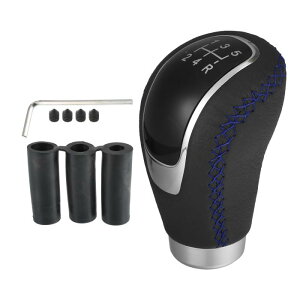 uxcell 車のギアシフトノブ 5速 ブラック フェイクレザー 青い糸付き アクセサリー付き ブラック ブルー 1セット