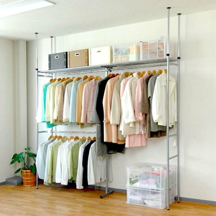 楽天市場 300円offクーポン ハンガーラック 突っ張り 2段 クローゼット 洋服収納 壁 ハンガー 大容量 つっぱり式 ワードローブ 洋服 収納 頑丈 薄型 省スペース 伸縮 ダブル コートハンガー おしゃれ 納戸 収納棚 ラック パイプハンガー 高さ 幅 調節 調整 幅0cm
