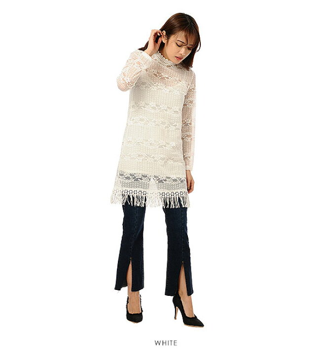 楽天市場 最大10 Offクーポン Sale デュラス Duras 通販 裾フリンジレースワンピース ワンピース 長袖 レディース 総レース ミニ フリンジ 黒 白 シースルー シアー 透け レース ミニワンピース トップス D ダブルハート Double Heart