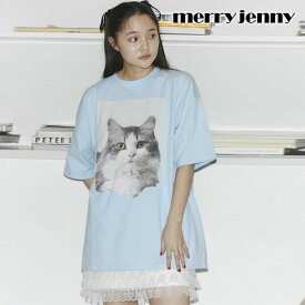 【即納】 メリージェニー merry jenny トップス 24春夏 ギンガムcat tee ミドル丈 半袖 オーバーサイズ 猫 ネコ 282422703601