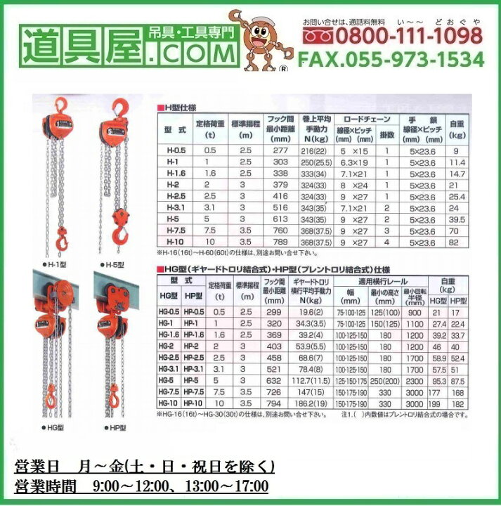 楽天市場】象印 H100プレントロリー結合式手動チェーンブロック 定格 