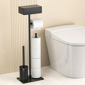 バスルーム用 フロアスタンドトイレットペーパーホルダー 自立式 移動可能 トイレブラシ収納付き タワー トイレットペーパー収納 スマホ スリム ディフューザー 設置簡単 トイレラック トイレ収納 ブラック 置き型 自立式