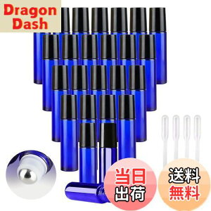 【送料無料】luckinsell 10ml ロールオン 容器 遮光瓶 アロマオイル ガラスボトル 小分け 詰め替えボトル エッセンシャルオイル ブルー (24本セット+スポイト3ml×4)