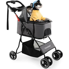 ペットカート ベビーカー 犬 バギー:小型犬 中型犬 猫 多頭 カート 4輪 軽量コンパクト 飛び出し防止リード2本付き 前輪360°回転 後輪ブレーキ付き 折りたたみ 組み立て簡単 耐荷重20Kg グレー色