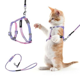猫ハーネスとリーシュセット 調節可能 グラデーション子猫ハーネス 脱出防止ハーネス リーシュ付き キティアウトドアウォーキング用 (グラデーションパープル)
