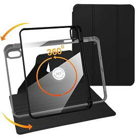 NanHou iPad 10 ケース 10.09 インチ - 360°回転保護スタンドカバー 自動ウェイクスリープ機能付き かわいい ペン収納 透明 バックシェル A2696/A2757/A2777 - ブラック