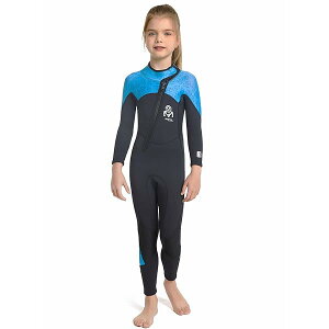 子供ウェットスーツ 2.5mm フルスーツ フロントジップ 水着セット キッズ水着 水遊び 長袖 防寒保温 ダイビングスーツ サーフィン シュノーケリング R005 (S, ブルー)