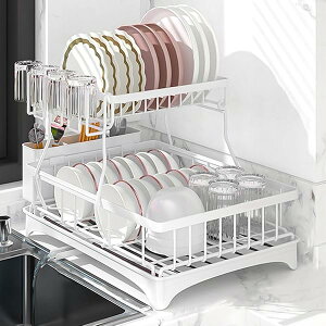 食器 水切り 水切りラック 自動排水 台所 水切り 食器 置き 水切り ラック 水切りかご 2段式 大容量 ディッシュラック キッチン収納 食器乾燥 皿立て 箸収納 組み立て簡単(ホワイト, 自動排水