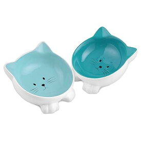 Navaris フードボウル 猫 えさ 皿 水飲み - セラミック 陶器 ペットボウル かわいい キャットボウル 犬用 猫用 - ネコ型デザイン ブルー