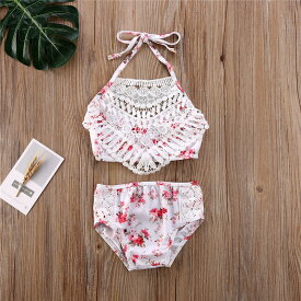 キッズ水着-鍵編みレース小花柄ビキニ